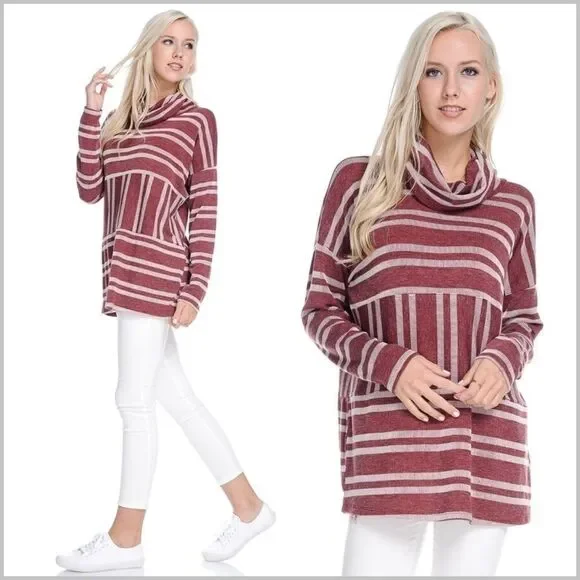 Burgundy Striped Turtleneck Pullover Top - Picture 3 of 8